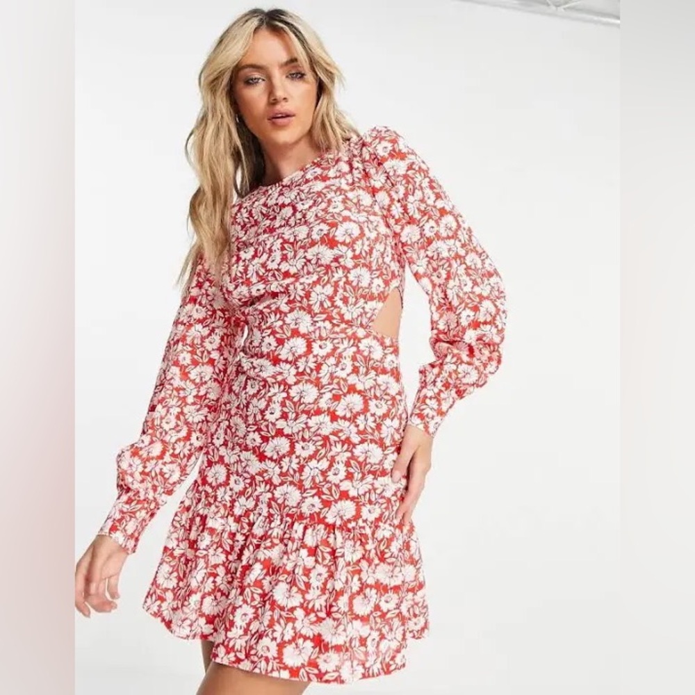Topshop Womens Red Floral Cut Out Side Long Sleeve Mini Dress Size 6